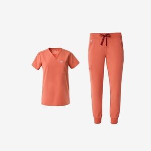 FIGS Women’s Small Catarina One Pocket & Zamora Jogger Scrub Pants Sunset Orange